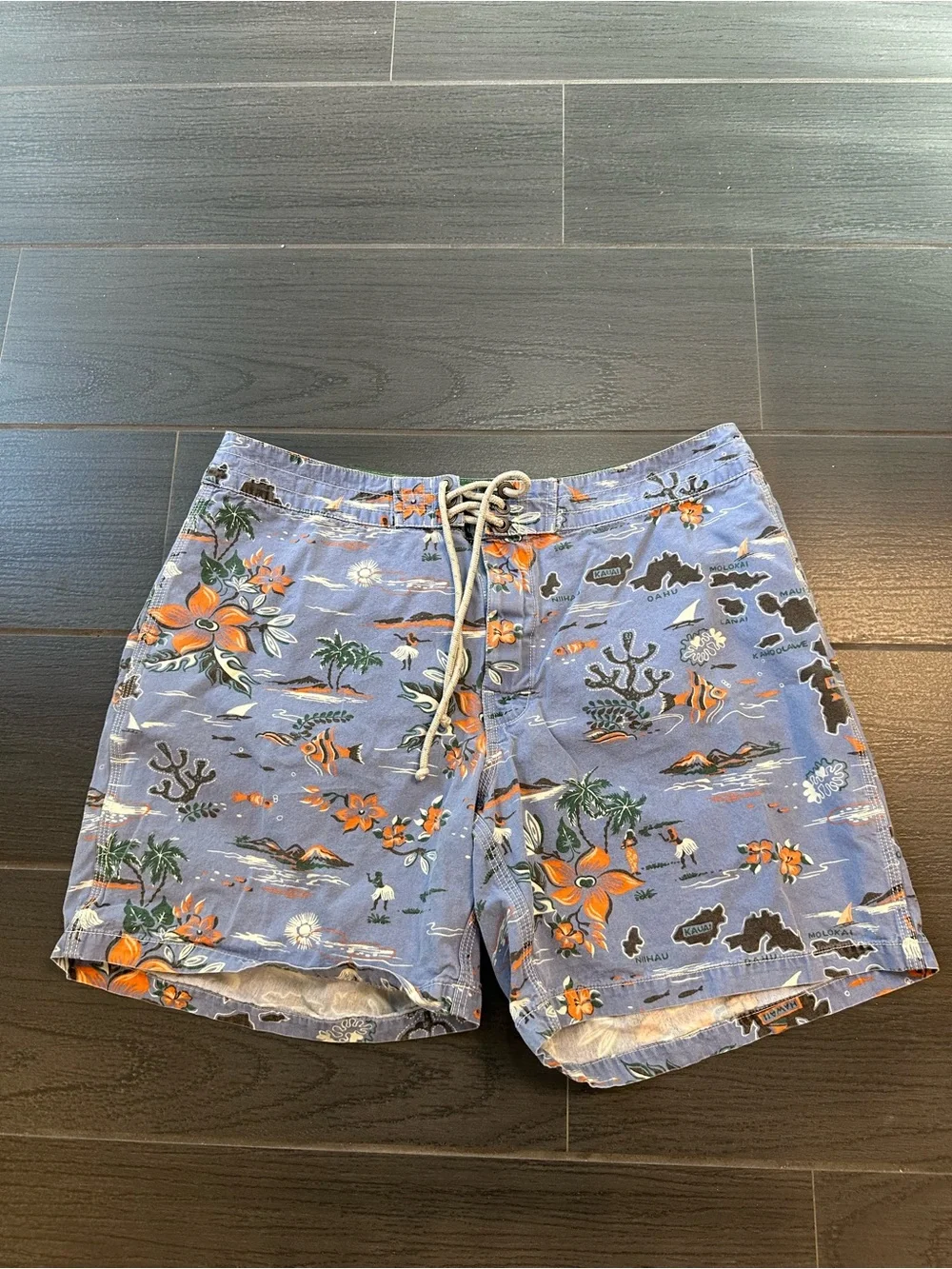J. Crew Blue Hawaiian Map Print Swim Trunks with Orange Floral Accents